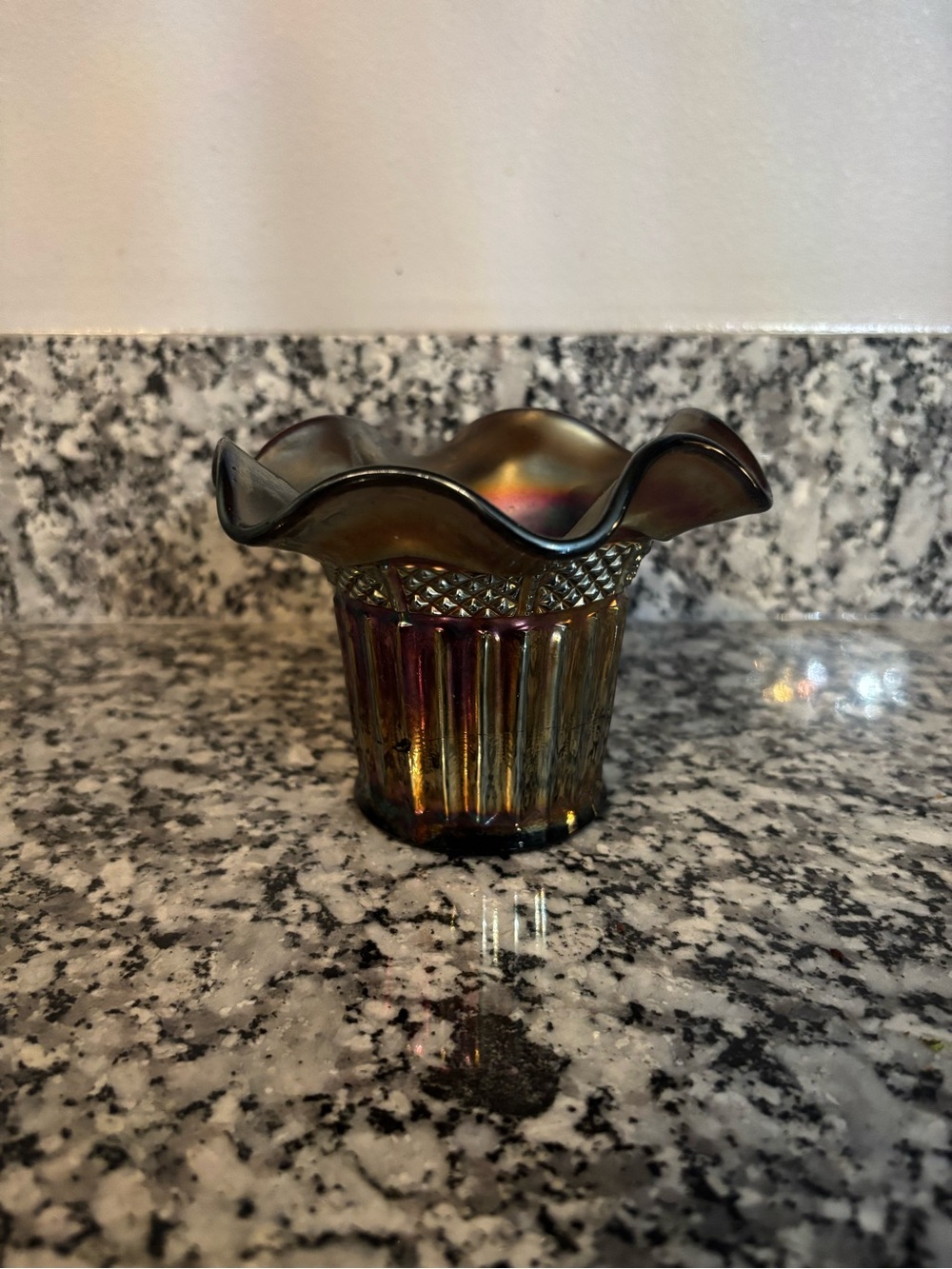Iridescent Amber Ruffled Glass Accent Vase